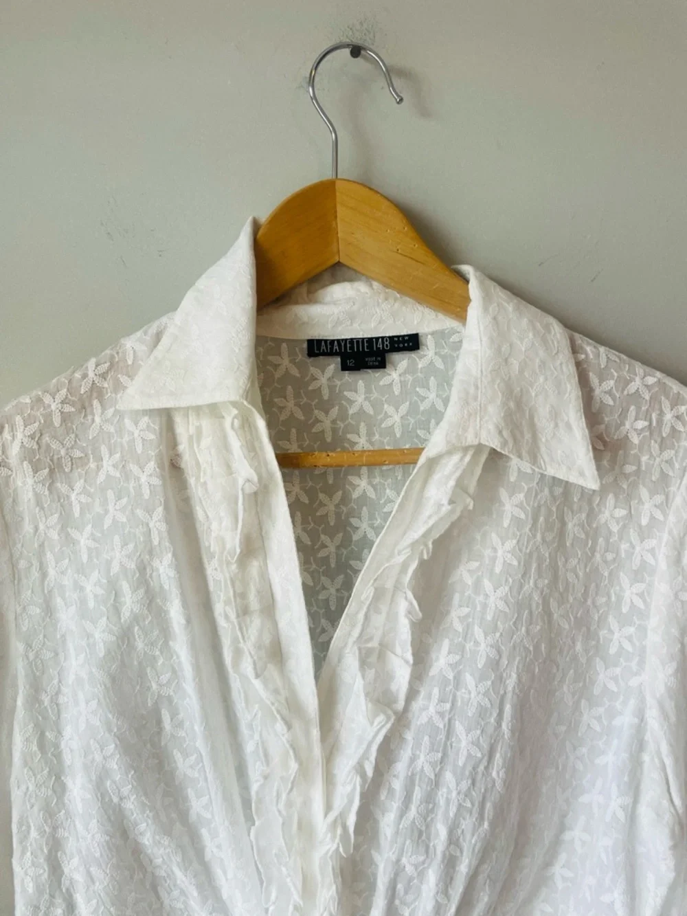 Lafayette 148 New York White Sheer Ruffle Tie-Front Blouse - Picture 2 of 7